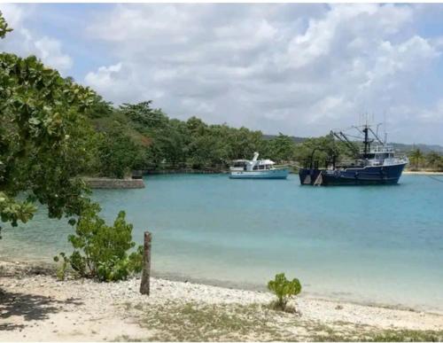 two boats are docked in the water on a beach at The Gibson's Palace in Ocho Rios