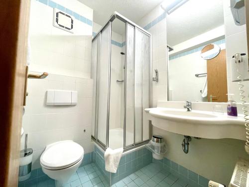 ein Bad mit einem Waschbecken, einem WC und einer Dusche in der Unterkunft 2022 Neu renoviert- Apartments Michaela in Philippsreut