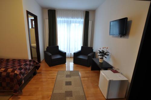 a living room with two chairs and a television at Mountain-Rest Pension in Miercurea-Ciuc