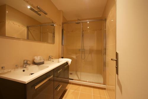 a bathroom with a shower and a sink at Auberge de l'Etoile in Thoiry