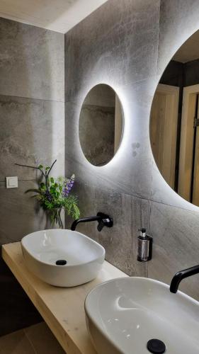 a bathroom with a sink and a mirror at Penzion Blanko in Nová Bystřice