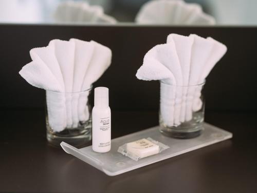 two vases with white tissues and a bottle of lotion at Schützen Steffisburg in Thun
