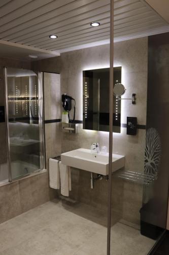 a bathroom with a sink and a mirror at Hotel Floris Arlequin Grand-Place in Brussels
