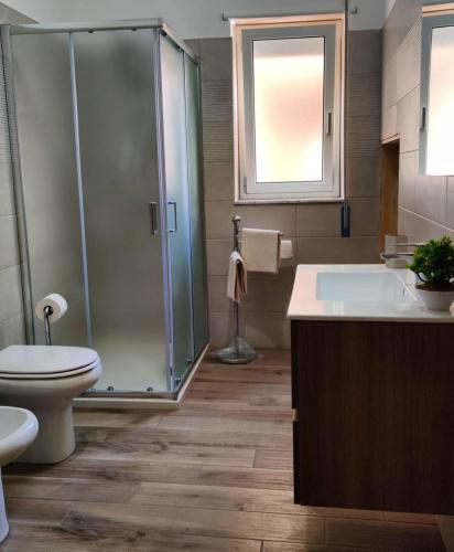 a bathroom with a shower and a toilet and a sink at La Margherita - Casa vacanze in Montallegro