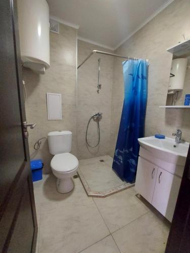 a bathroom with a toilet and a shower and a sink at Rumi place in Varna City
