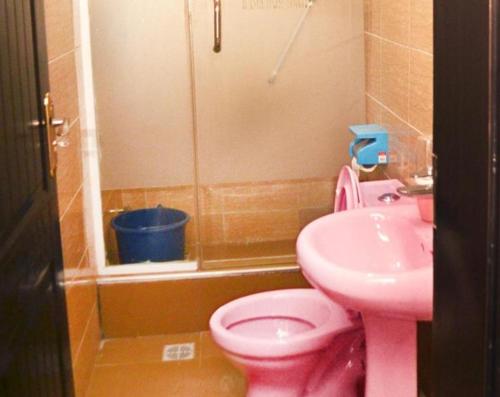 a bathroom with a pink toilet and a sink at Immaculate 2-Bed Apartment in Idimu in Idimu