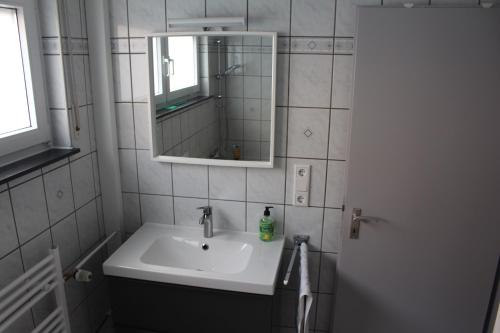 a bathroom with a sink and a mirror at Ferienwohnung Felgenwald in Michelstadt