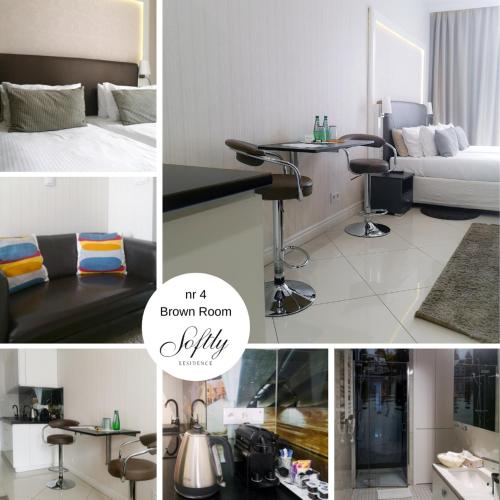 a collage of photos of a room with a bed and a bedroom room fully at Softly Residence in Bydgoszcz
