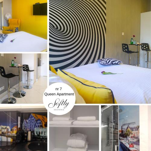 a collage of pictures of a room with a bed at Softly Residence in Bydgoszcz