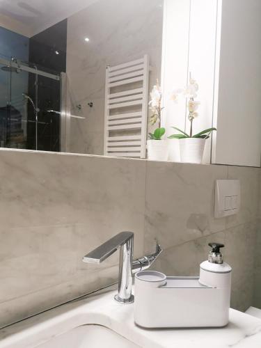 a bathroom with a sink and a mirror at Softly Residence in Bydgoszcz