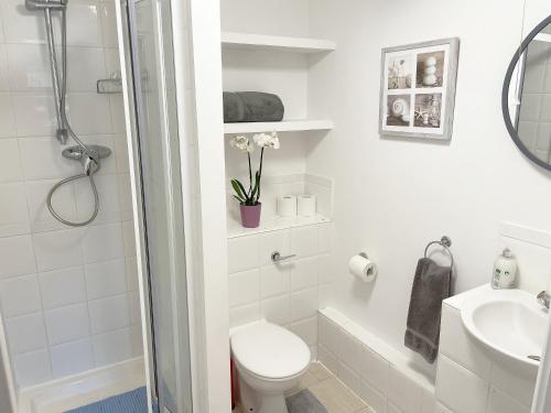 La salle de bains blanche est pourvue de toilettes et d'un lavabo. dans l'établissement Travaal - 2 Bed Serviced Apartment Farnborough, à Farnborough