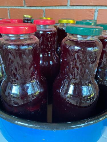 a group of glass bottles of jam on a plate at Bukovički mir in Arandjelovac
