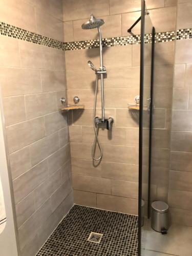 eine Dusche mit Glastür im Badezimmer in der Unterkunft appartement 10 couchages le lioran bord rando/ski in Le Lioran