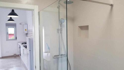 a bathroom with a shower with a glass door at Bungalow n6 en el Camino del Faro in Carnota