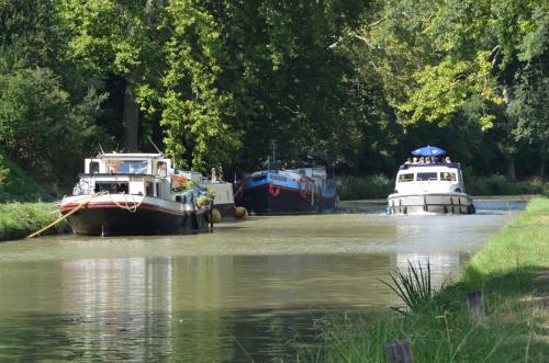 three boats are docked in the water on a river at Chambres d'Hôtes Domaine du Hameau Baylesse in Saint-Jean-dʼAigues-Vives