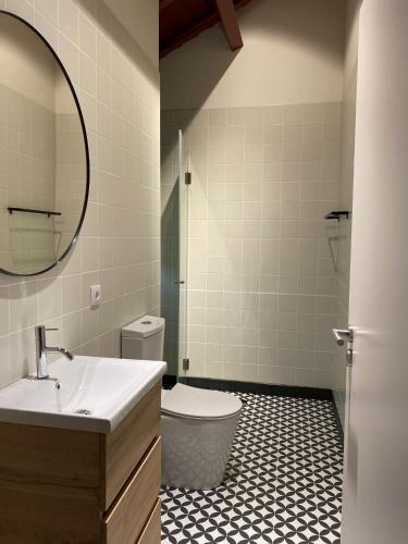 a bathroom with a sink and a toilet and a mirror at Quinta Pousada de Fora Wines & Tourism in Guimarães