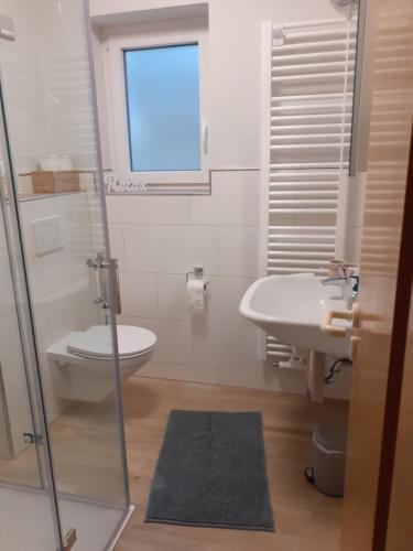 een witte badkamer met een toilet en een wastafel bij Ferienwohnung im Weltkulturerbe Mittelrhein Lorch in Lorchhausen