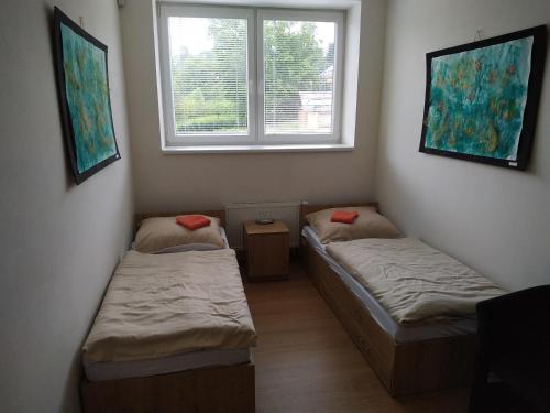 two beds in a room with a window at Centrum pro vzdělávání a kulturu in Nový Oldřichov