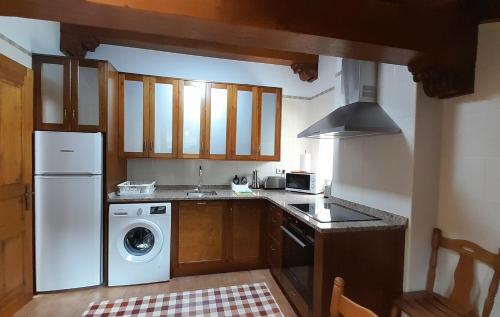 a kitchen with a white refrigerator and a washer at Apartamentos El Haya in Cosgaya