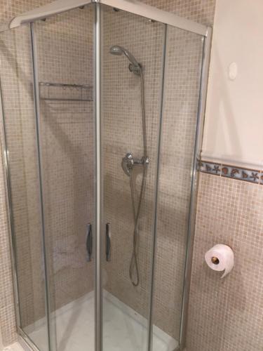 a shower with a glass door in a bathroom at Entre el Centro y la Mezquita Totalmente climatizado Parking Gratuito in Córdoba