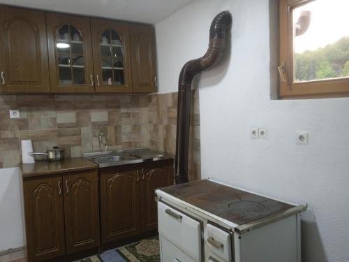- une cuisine avec un évier et un tuyau sur le mur dans l'établissement Etno selo Visoko Apartmani, à Visoko
