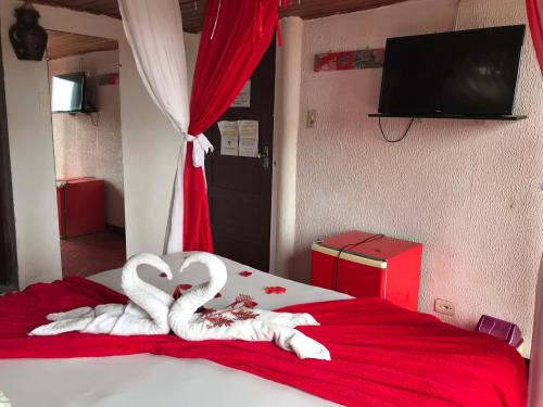two swans making a heart on a bed at Pousada Alto Astral in Olinda