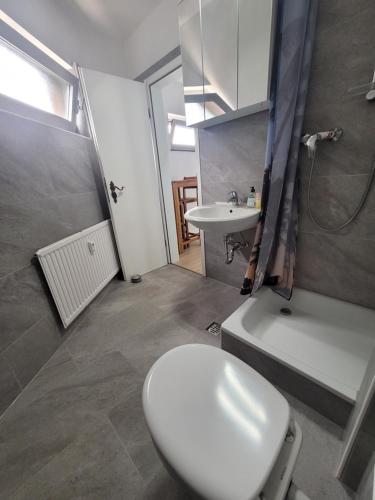 ein Badezimmer mit einem weißen WC und einem Waschbecken in der Unterkunft Messezimmer am Thewissenweg in Düsseldorf