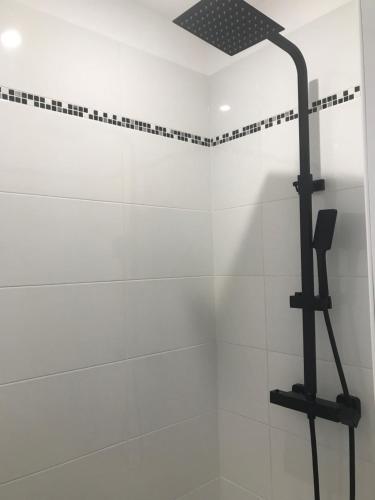 a shower with a shower head in a bathroom at Aux remparts de Montreuil in Montreuil-sur-Mer