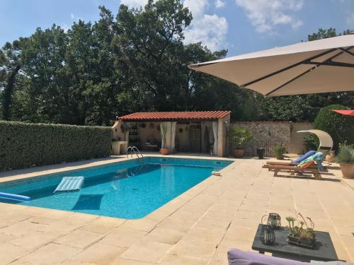 une piscine dans une cour avec un parasol dans l'établissement LA BRINDILLE Petit mas provencal meublé de tourisme 3 étoiles 2-3 personnes 1 piece 30 m2 tout confort lisière foret jardin Jacuzzi Piscine, à Saint-Paul-en-Forêt