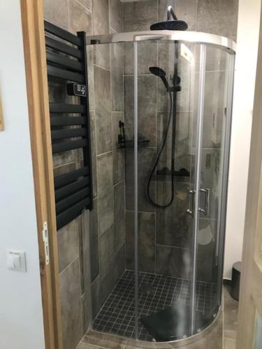una doccia con una porta in vetro in un bagno di LA BRINDILLE Petit mas provencal meublé de tourisme 3 étoiles 2-3 personnes 1 piece 30 m2 tout confort lisière foret jardin Jacuzzi Piscine a Saint-Paul-en-Forêt