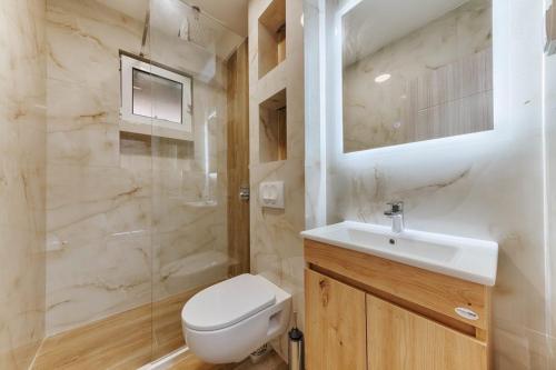 a bathroom with a toilet and a sink and a mirror at OLIVE GARDEN APARTMENT in Bar