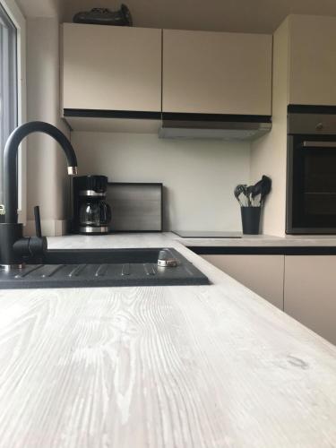 a kitchen with a white counter top and a sink at TINY LIEBE Ostsee Ostsee- bei Wismar in Neuburg
