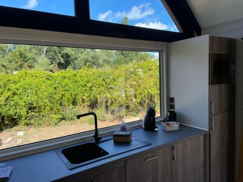 eine Küche mit einem Waschbecken und einem großen Fenster in der Unterkunft Chalets Eureka & Bloemenduin Koksijde in Koksijde