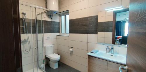 a bathroom with a toilet and a sink and a mirror at Blu-M Central in Qormi