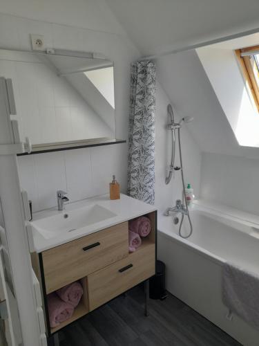 a bathroom with a sink and a bath tub at Le diepplex de Sébelle in Dieppe