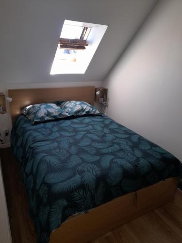 a bedroom with a bed and a skylight at Le diepplex de Sébelle in Dieppe