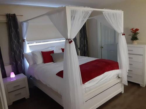 a bedroom with a white bed with a canopy at Mountain Gem in McGaheysville