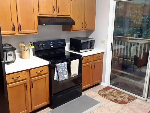 a kitchen with a black stove and a microwave at Mountain Gem in McGaheysville