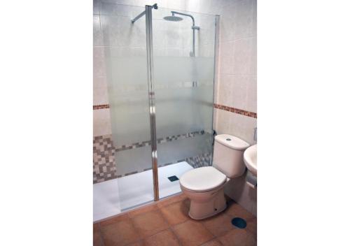 a bathroom with a toilet and a shower at Anahi Homes Corralejo- Villa Drago 14 in La Oliva