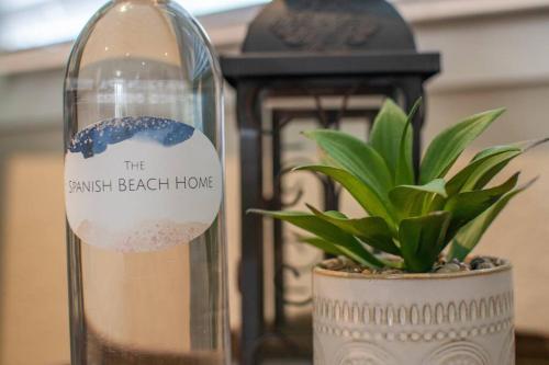 a bottle of wine sitting next to a potted plant at The Spanish Beach Home only 10mins from the beach! in Largo