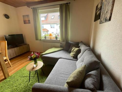 a living room with a gray couch and a window at Zur Söhre 