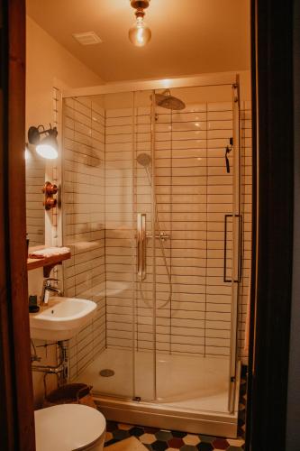 a bathroom with a shower and a toilet and a sink at Zelta Apelsīna apartamenti in Kuldīga