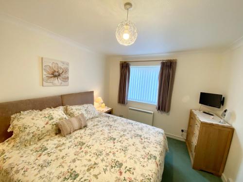 um quarto com uma cama, uma televisão e uma janela em The Nook em Sidmouth