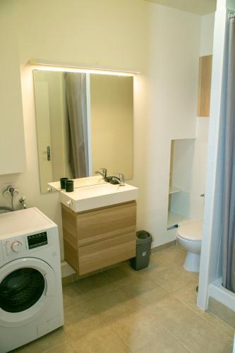 une salle de bain avec un lavabo et une machine à laver dans l'établissement Relais du 21, à Saint-Germain-en-Laye