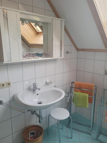a bathroom with a sink and a mirror at Appartement Pölzl Öblarn Region Schladming Dachstein in Öblarn
