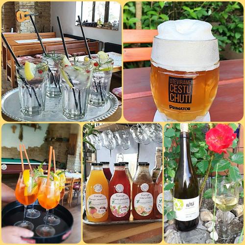 a collage of pictures of drinks and a bottle of beer at Na Statku Babiččino údolí in Česká Skalice