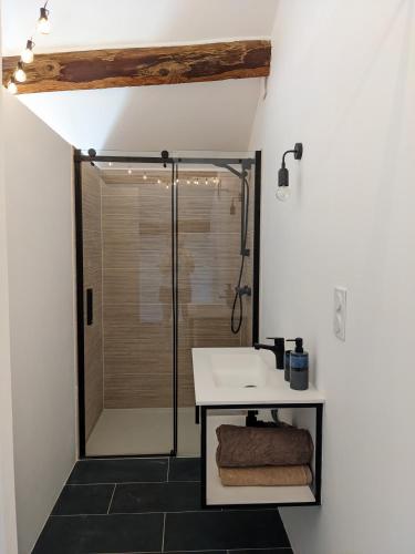 La salle de bains est pourvue d'une douche et d'un lavabo blanc. dans l'établissement Le vieux tilleul, à Cavillargues