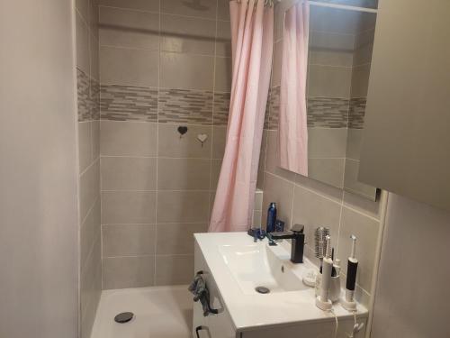 La salle de bains est pourvue d'un lavabo et d'un rideau de douche rose. dans l'établissement bedroom, à Aix-les-Bains