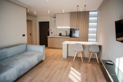 a kitchen and living room with a couch and a table at Opera Apartments in Cluj-Napoca