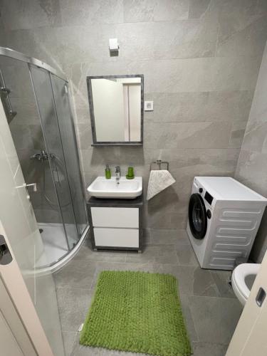 a bathroom with a sink and a shower and a toilet at Fantastic centar Novi Sad in Novi Sad